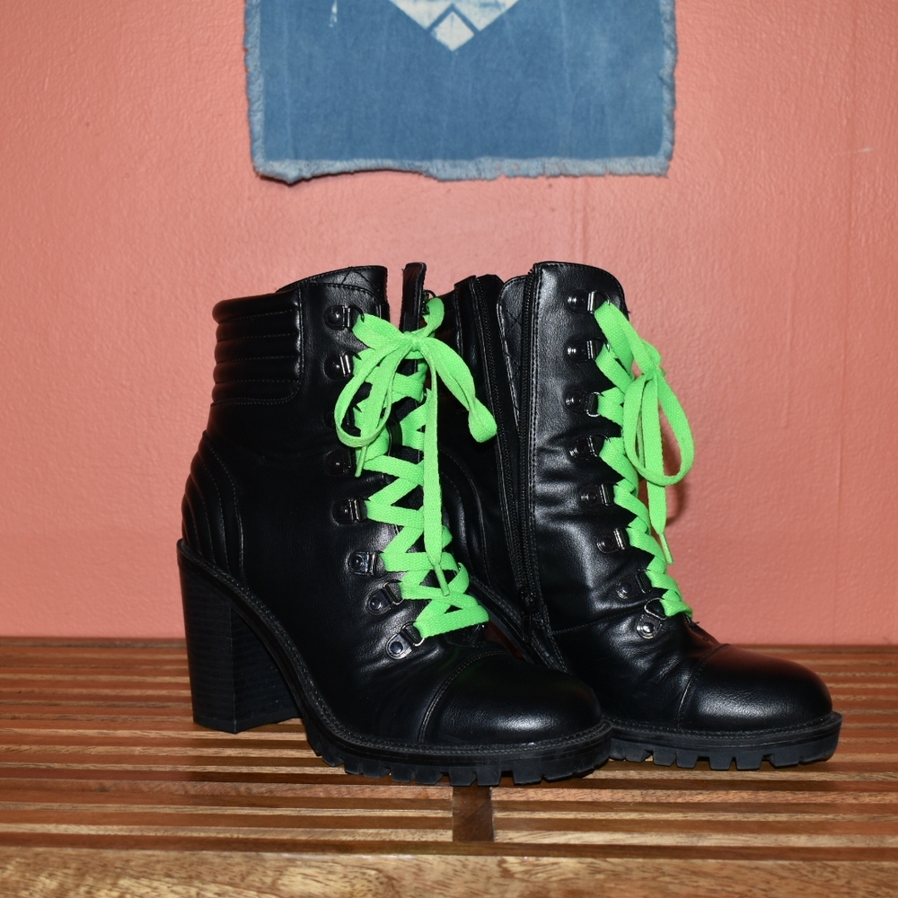 G By GUESS Black Y2K Combat Boots with Neon Green Laces. Size 7